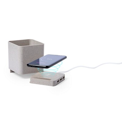 Wheat straw wireless charger 5W, USB hub 2.0, pen holder, phone stand