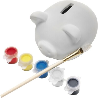 Piggy bank for painting, paints and brush