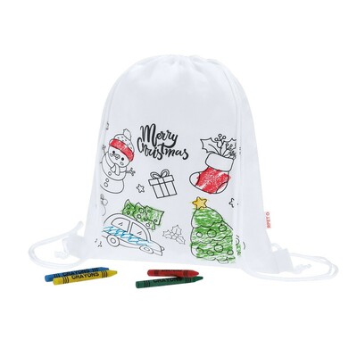 Drawstring bag for colouring, Christmas pattern, crayons